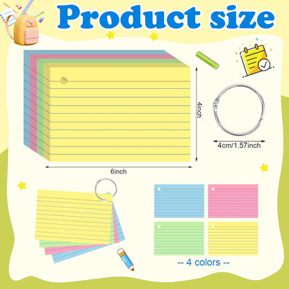 Colored Index Cards 3x5 Inch Heavyweight Flash Cards with Ring Lined Flashcards Note Cards for Studying School Supplies College, 200 Count