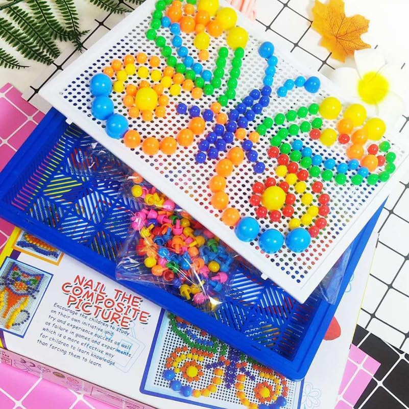 592Pcs Mushroom Nail Beads Puzzle Set Kids Educational Toy Pegboard Game for Creativity Hand Eye Coordination Safe Plastic Pieces 10.8X7.5 Inch
