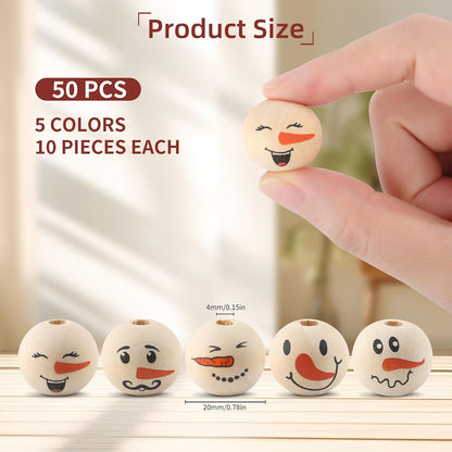 50PCS Christmas Snowman Wooden Bead, 20mm Winter Craft Wood Round Beads Natural Wood Beads for Xmas Tree Hanging Decoration Winter Holiday Garland Making DIY Craft Supplies