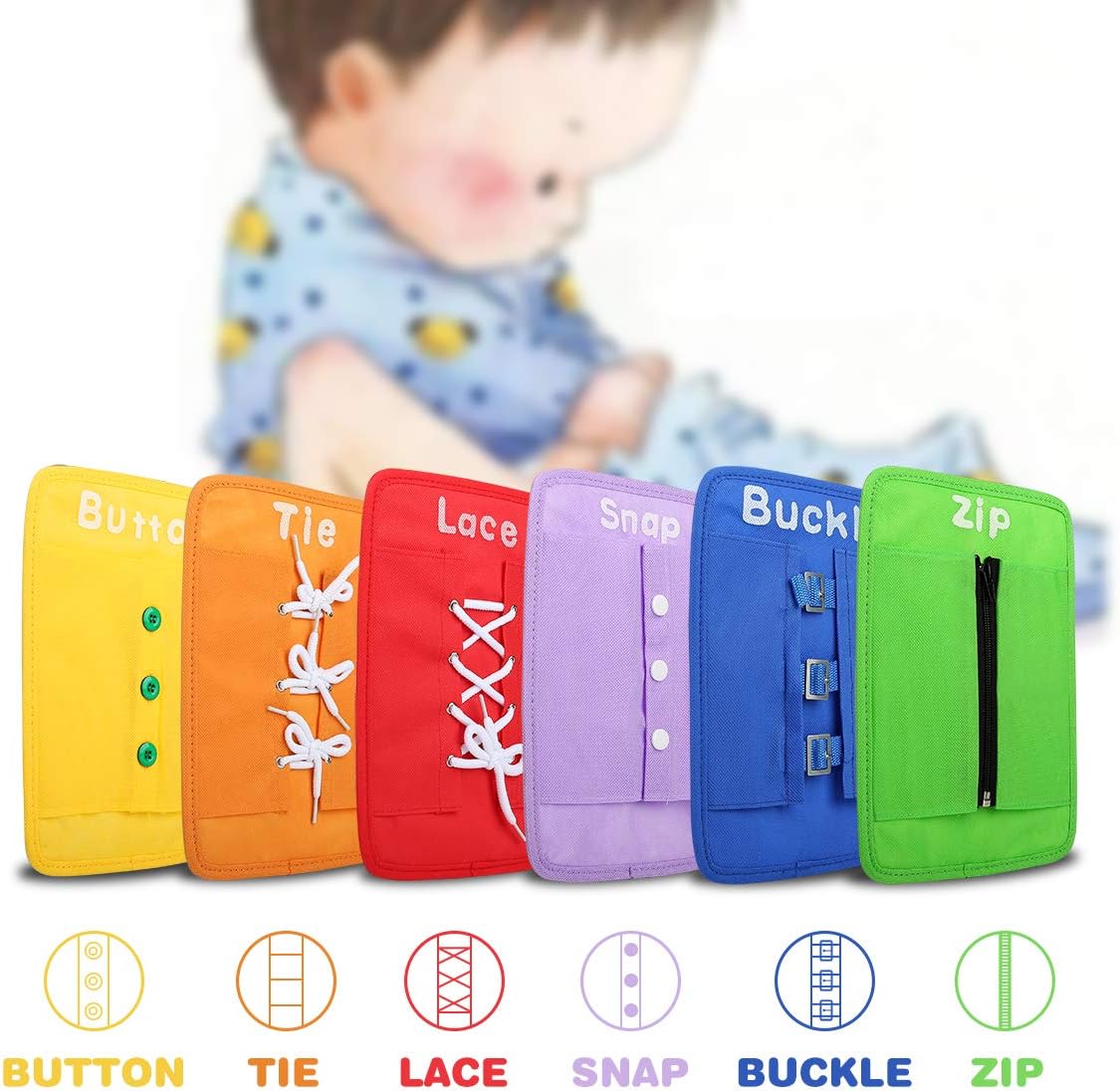 YHZAN Learn to Tie Your Shoes Dressing Board Montessori Mobile Sensory Board Travel Therapist Life Skills Development Toy - Zip,Button,Snap,Buckle,Lace & Tie for Preschool Toddler 2-8 Years Old