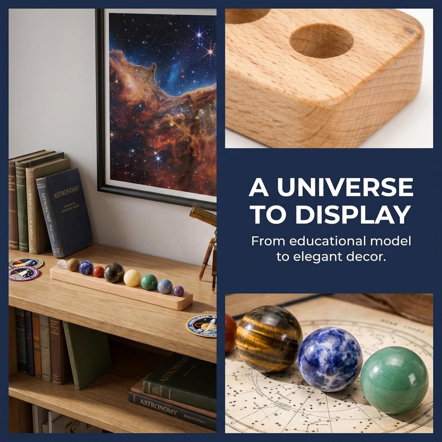 ZENFUN Nine Planets in Solar System with Wooden Stand, Natural Gemstones Sphere Solar System Model Kit, Planet Marbles, Space Themed Bedroom Decor, Best Birthday Science Astronomy Gifts