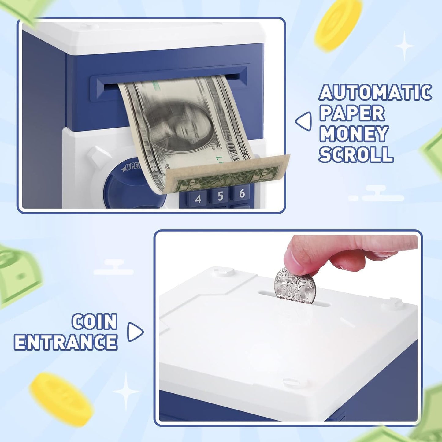 Playsheek Piggy Bank for Girls Boys Large Electronic Money Coin Banks with Password Protection, Automatic Paper Money Scroll Saving Box, Great Gift for Kids(Black-White)