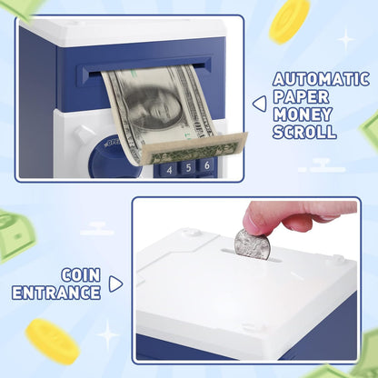 Playsheek Piggy Bank for Girls Boys Large Electronic Money Coin Banks with Password Protection, Automatic Paper Money Scroll Saving Box, Great Gift for Kids(Black-White)
