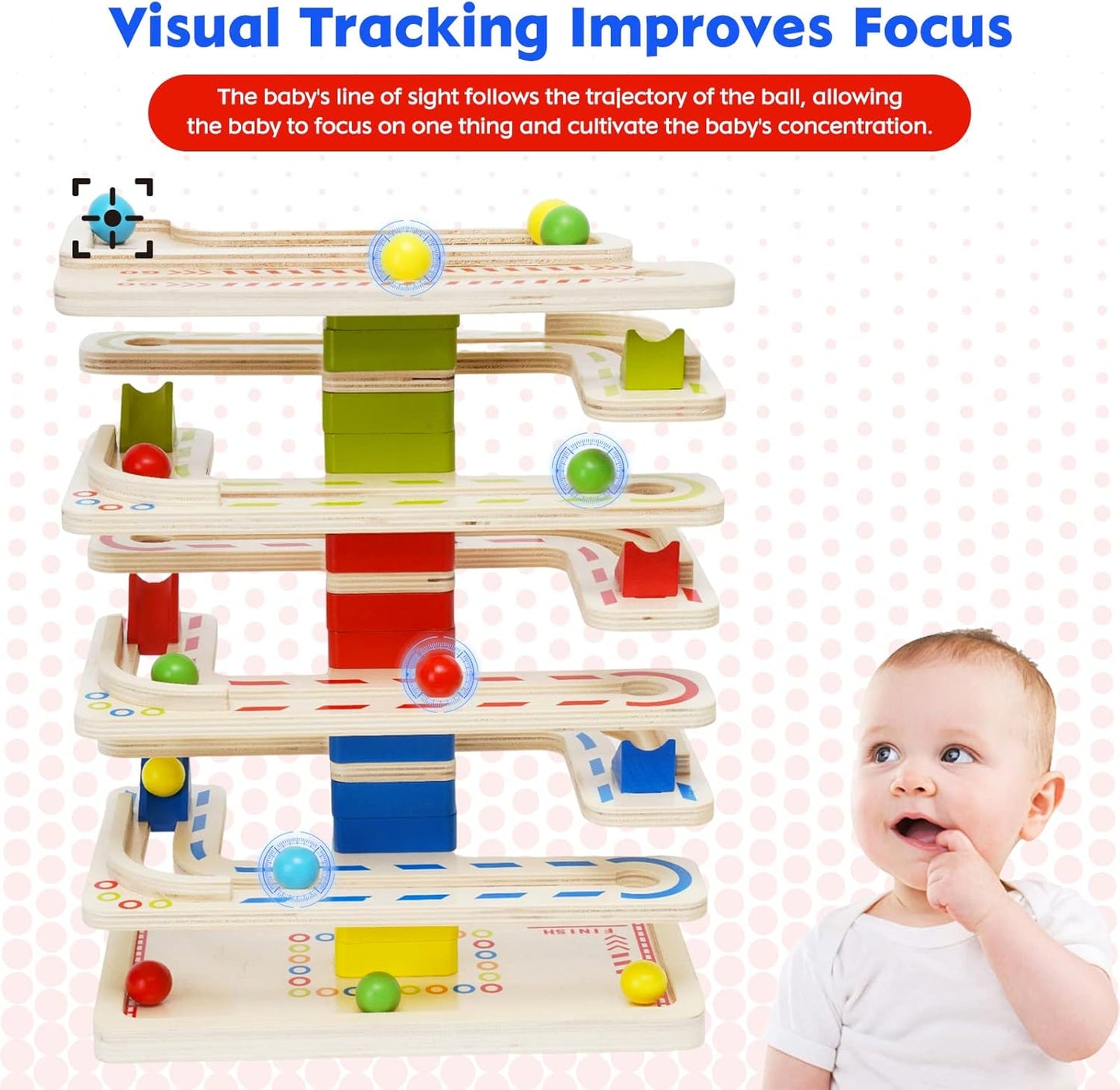 Montessori Ball Tracker Wooden Ball Drop Toy for Toddlers, Educational Wooden Ball Run Toy Race Track Set, Ball Drop Tracker Sensory Toys for Gifts 3 4 5 Years Old Toddler Boys Girls