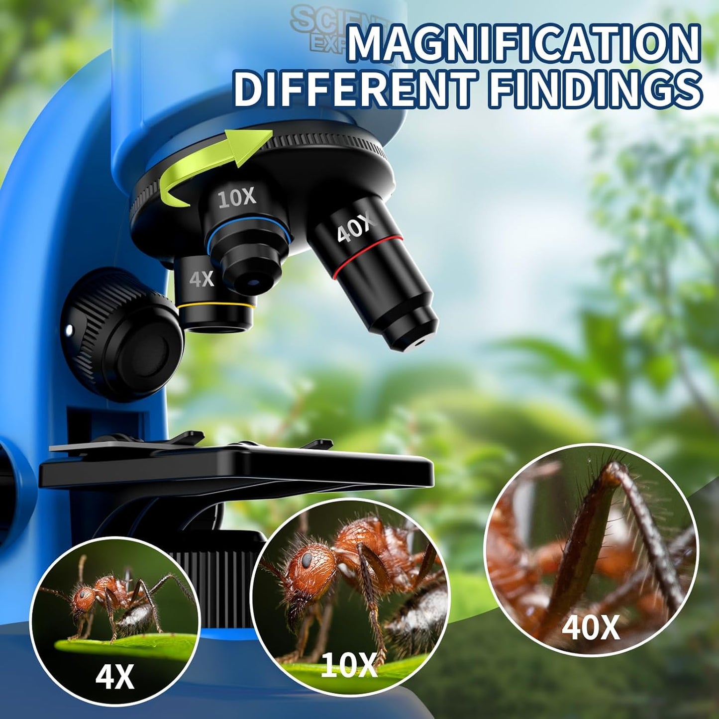 Microscope for Kids Scientific Experiment Kit 40X-1600X Magnification LED Light Educational STEM Kit with Slides and Lab Tools (Blue)