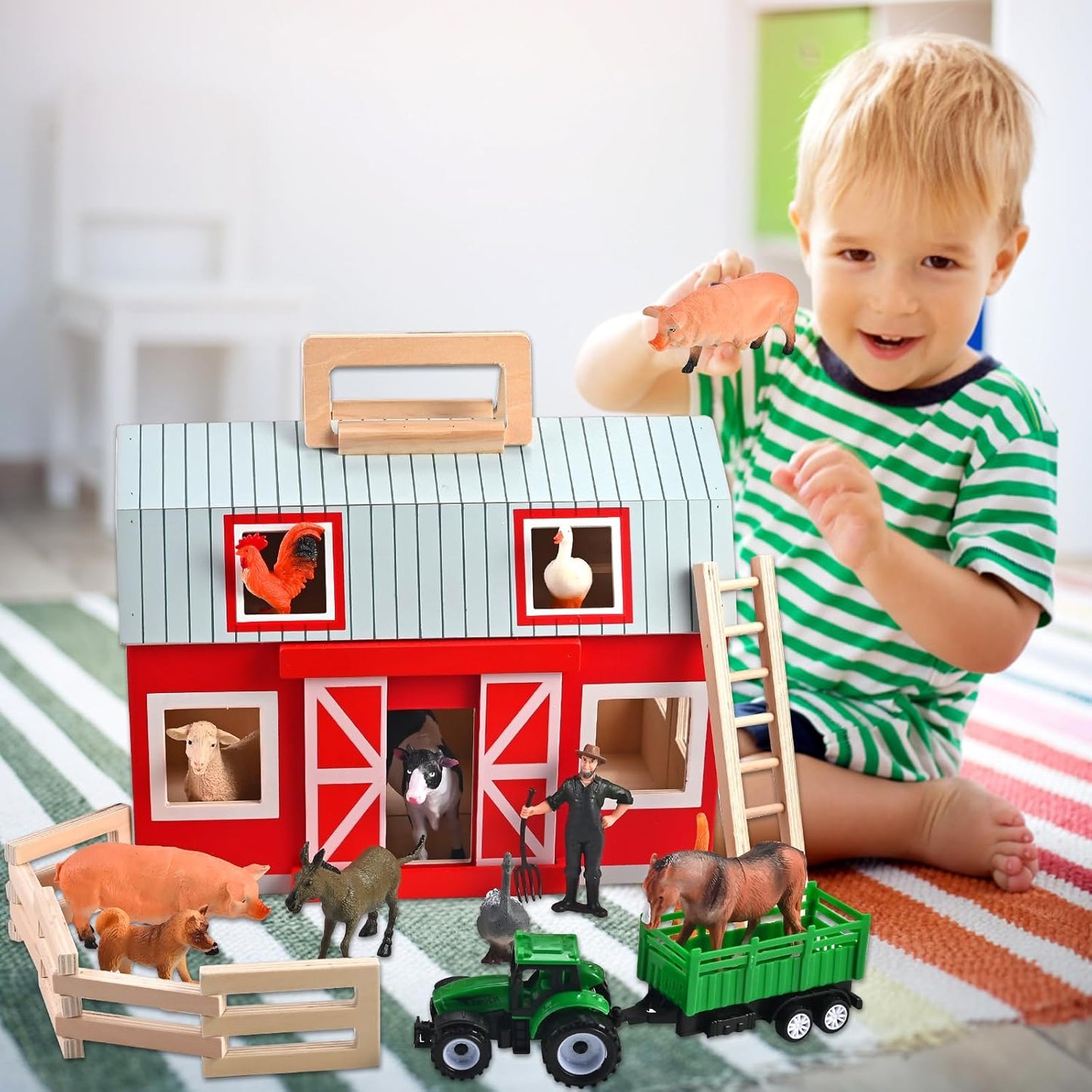 Wooden Barn Toys, Play Barn with 12 Animal Play Figures for 3+ Years Old, Toy Barn and Farm Animals，Wooden Barn Playset for Christmas Birthday Gift for Boys Girls