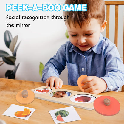 Twefex Baby Puzzles 12-18 Months - Montessori Multiple Shapes Knob Wooden Puzzles for Toddlers 1-3 - Peekaboo Photo Puzzle with Baby Mirror & 10 Real-Life Cards