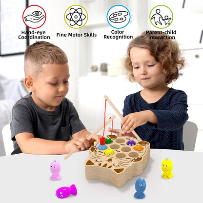 Wooden Magnetic Fishing Game for Toddlers 1-3, Montessori Sensory Busy Board Fine Motor Skills Toys for 1 2 3 Years Old Boys Girls (Frog B-Fish Game)