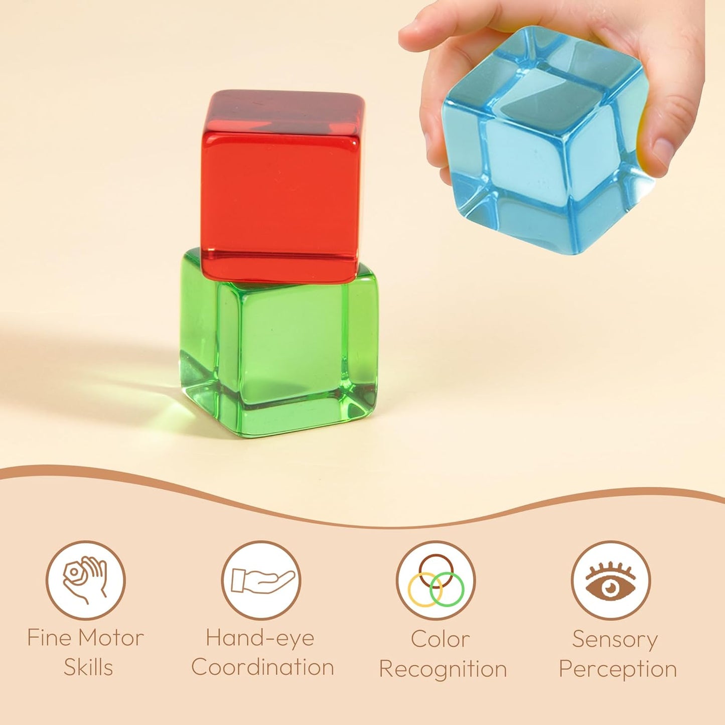 Woodtoe Large Building Blocks for Toddlers, Montessori Toys for 1 2 3 Year Old Boy Girl, No Choking Hazard Toys for Age 2-4 Kids Baby, Rainbow Acrylic Block Set, Sensory Birthday Toy Gifts for Kid