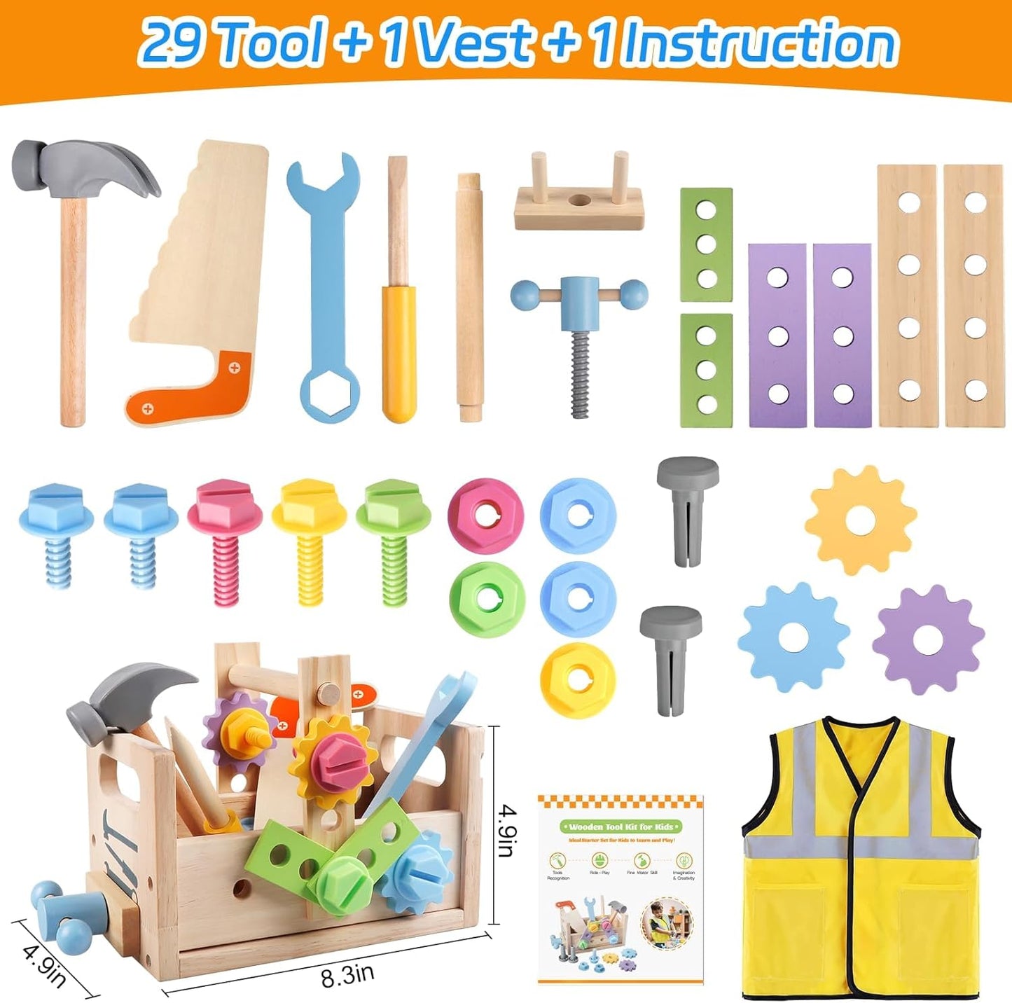 Aliex 38PCS Kids Wooden Truck Tool Set with Toy Drill for Toddlers Ages 3 4 5 6,Montessori STEM Educational Learning Construction Workbench Pretend Play Tool Kit,Birthday Sensory Gift for Boys Girls