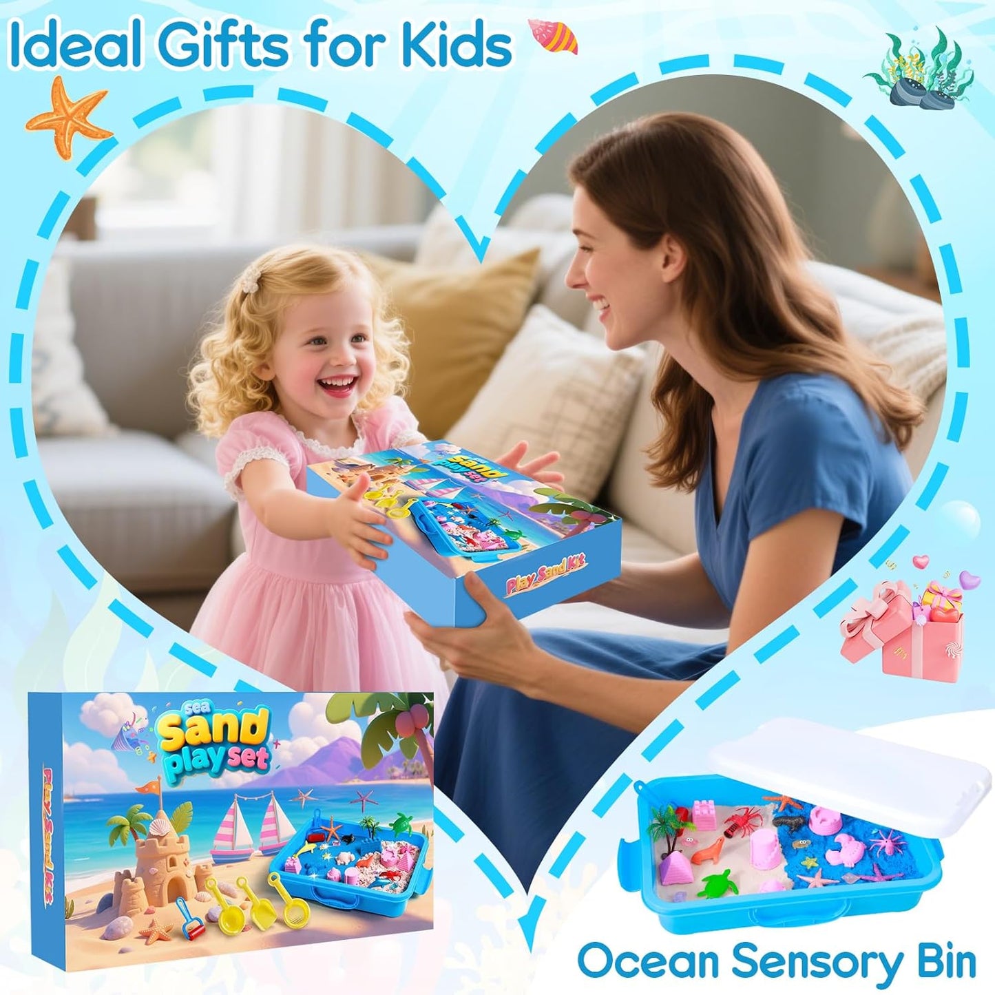 Mikiwon Ocean Sensory Bin, Sandbox Play Sand Art Kit with 1.65lbs Play Sand, Sea Animal Toys Molds, Sensory Play for Girls Boys Age 3 4 5 6 7 8, Beach Toys for Kids Xmas Birthday Gifts