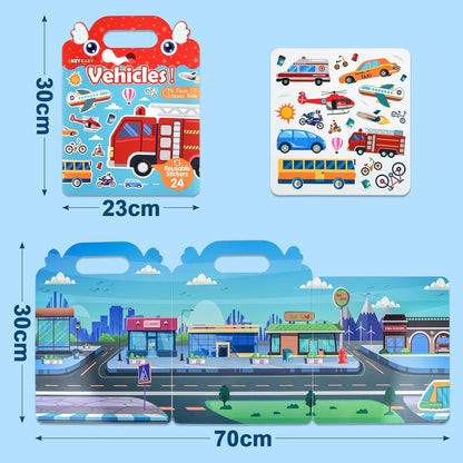 ASTARON Reusable Sticker Book for Toddlers, 88 Pcs Dinosaur Stickers Road Trip Activities Car Airplane Activities Travel Toys for Kids, Kids Quiet Time Activities (2-6 Age)