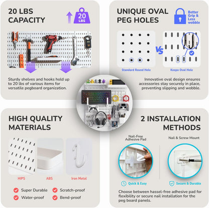 Keepo Peg Board Wall Organizer for Gaming Setup, Pegboard with Adhesives & Screw Mounts, Includes Peg Board Accessories for Gaming Accessories, Tech Storage & Office Organization (Black, 33″×22″)