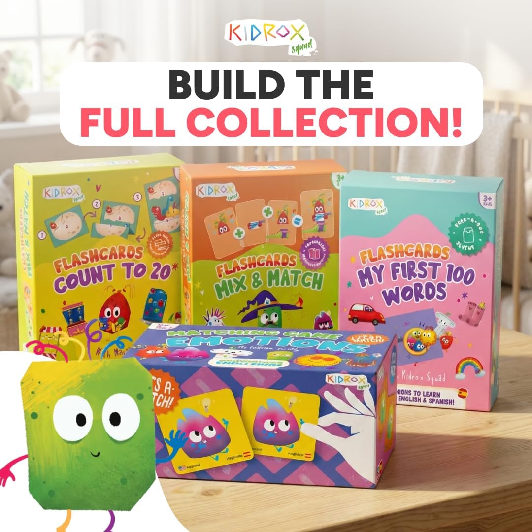 Kidrox Squad Alphabet Flashcards for Kids – 26 Slide-Reveal Cards in English & Spanish | Magic Pull-Tab Bilingual Learning Game for Toddlers & Preschoolers Age 3+