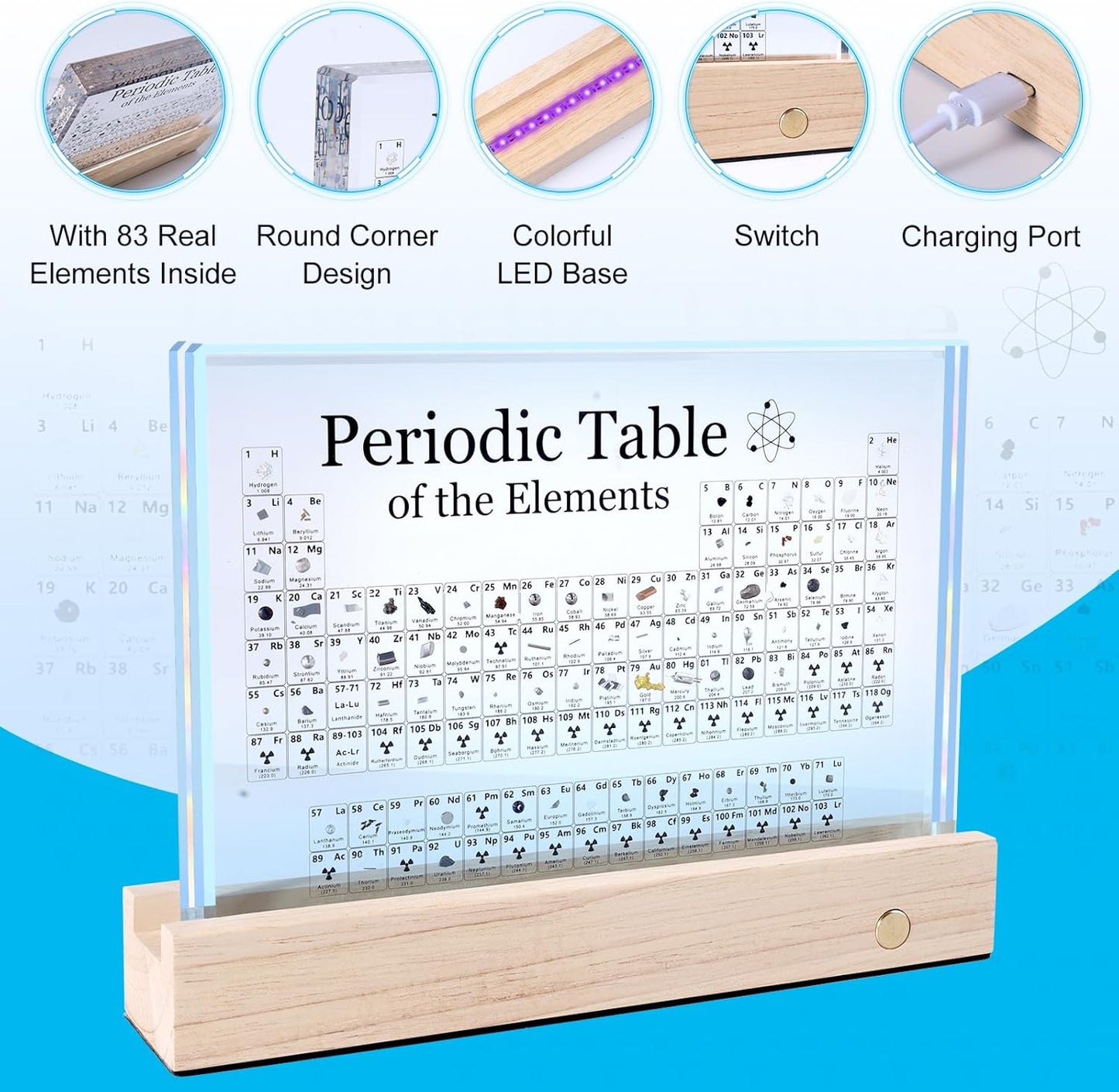 Rafecs Periodic Table with Real Elements Inside, Large Acrylic Periodic Table of Elements with 83 Real Samples and 7 Colorful LED Lights, Chemistry Gifts for Students, Kids, Teacher and Science Lovers