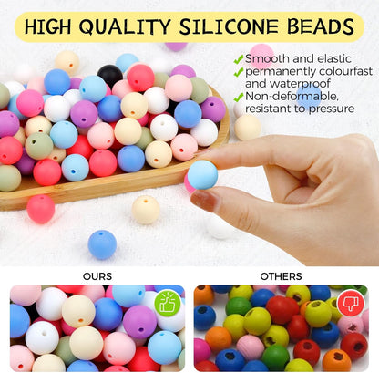 120PCS FIVEIZERO Silicone Beads for Keychain Making, 15mm Glacier Gray Round Silicone Rubber Focal Beads Bulk for DIY Crafts, Bracelets, Necklaces, and Pens