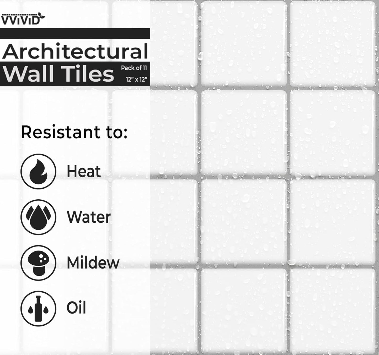 VViViD 11 Sheets Peel and Stick Grey Gloss Faux Ceramic Brick Wall Tiles, Self Adhesive Backsplash 12”x12”, 2mm Thick Kitchen, Bathroom (11 sq. ft.)