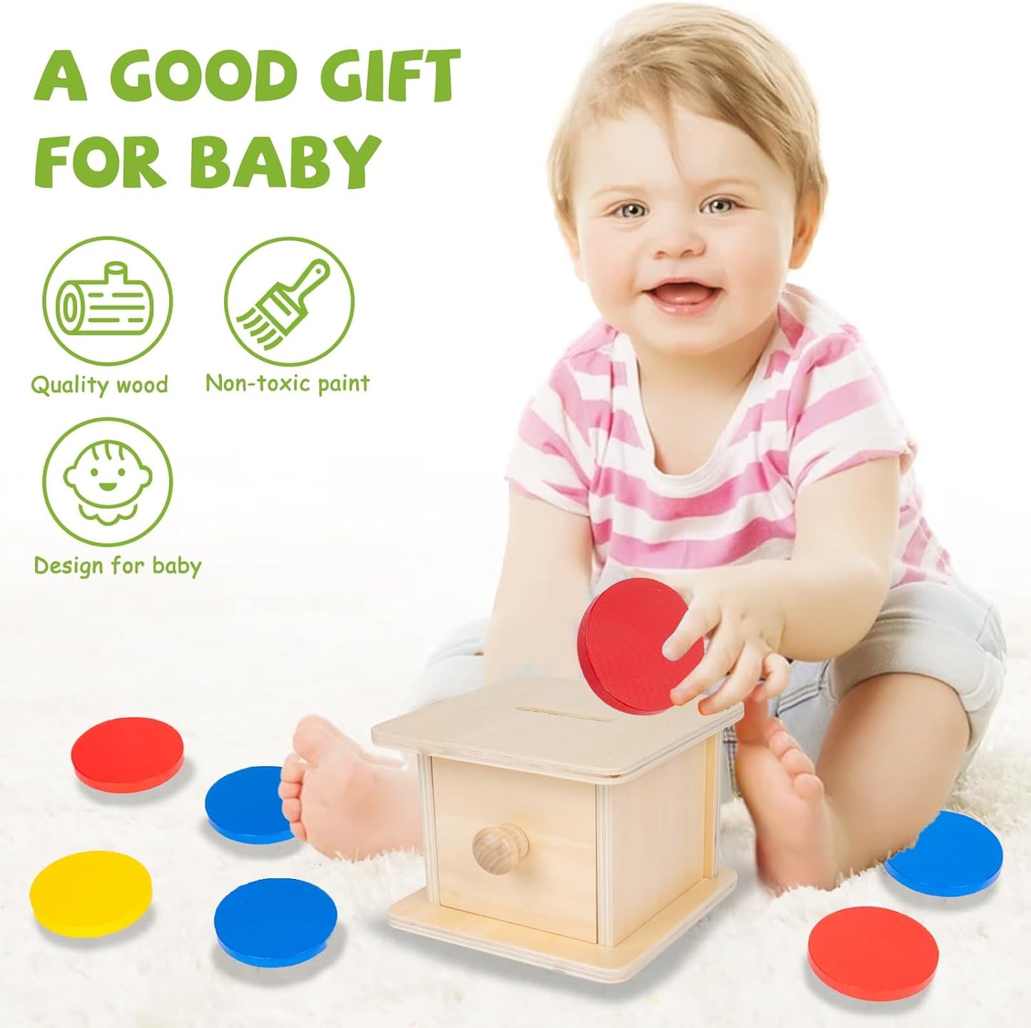 Adena Montessori Coin Box -Natural Wood Double-Sided Object Permanence Box Toy for 1-Year-Old Babies, Wooden Montessori Developmental Toy for 6-12 Month, Early Learning Gift