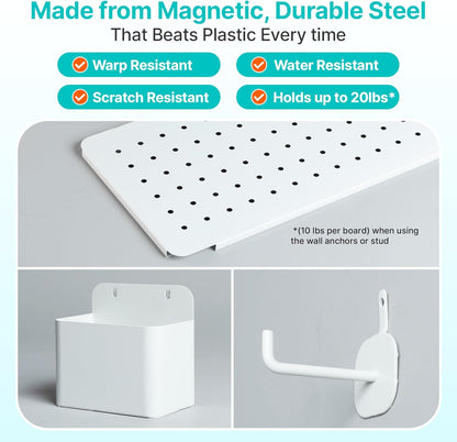 Upgraded Metal Pegboard Wall Organizer Kit – Magnetic, Heavy-Duty Peg Board with Shelves, Hooks & Clips – Wall Mount Storage for Office, Kids, Makeup, Garage & Home, Craft Organizer