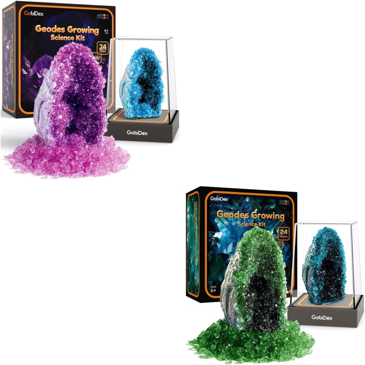 GobiDex Geodes Crystal Growing Kit for Kids, 24-Hour Fast Crystal Growth, 4 Pieces Science Experiments Kit with Display Cases - DIY STEM Toys, Educational Gift for Boys&Girls Ages 8-12