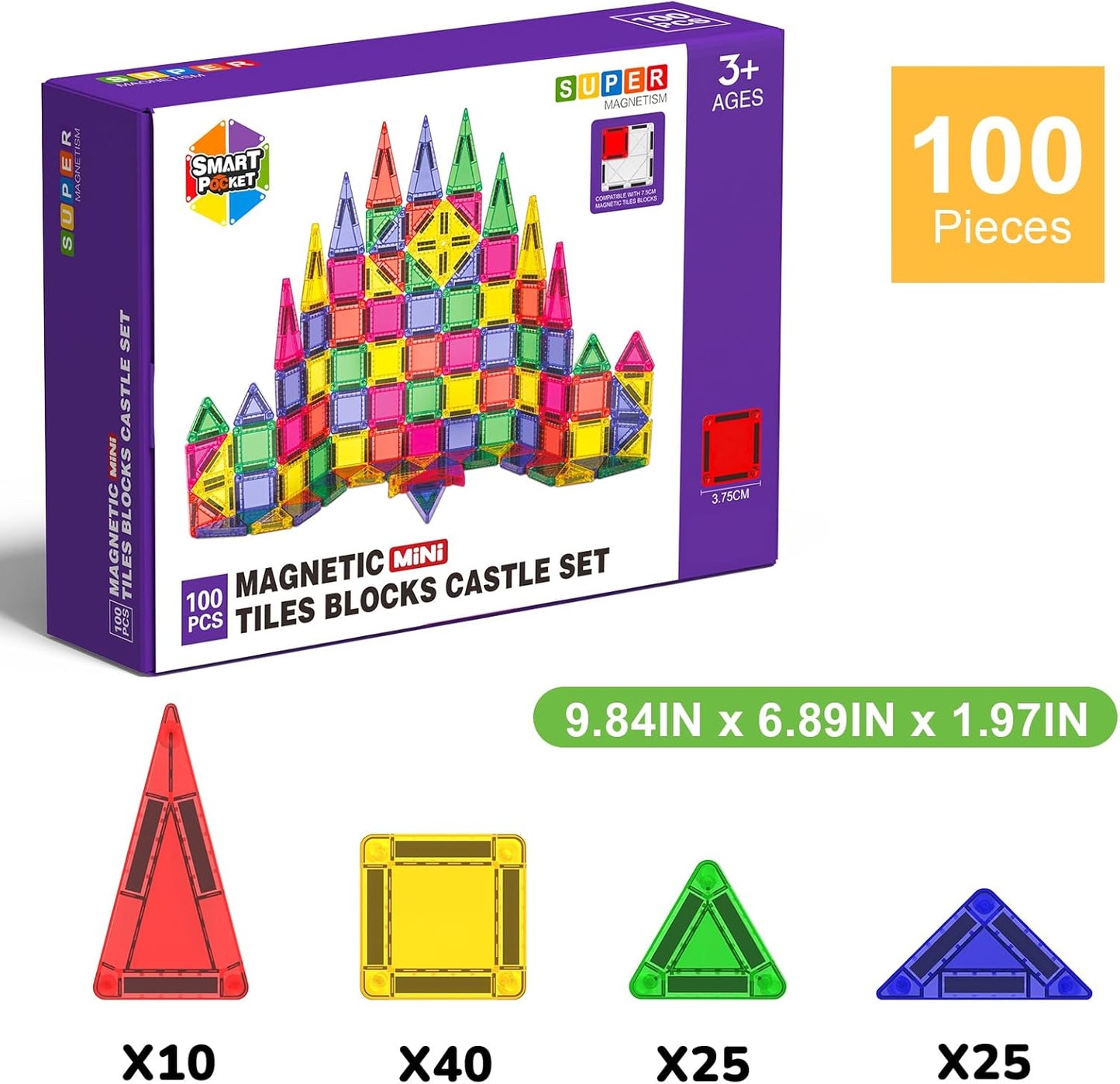 Mini Magnetic Tiles, 40 PCS Travel Magnetic Tiles with Tin, Micro Magnet Travel Toy Portable for Kids Age 3+, STEM Educational Building Set Construction Toys, Boys Girls Toddlers Birthday Gifts