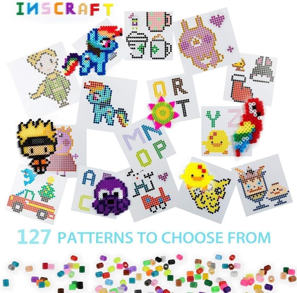 25,000 pcs Fuse Beads Kit 26 Colors 5MM, Including 127 Patterns, 4 Big Square, 1 Heart Pegboards, 1 Flower Ironing Paper, Tweezers, Beads Compatible by INSCRAFT