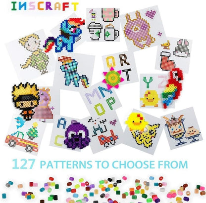 25,000 pcs Fuse Beads Kit 26 Colors 5MM, Including 127 Patterns, 4 Big Square, 1 Heart Pegboards, 1 Flower Ironing Paper, Tweezers, Beads Compatible by INSCRAFT