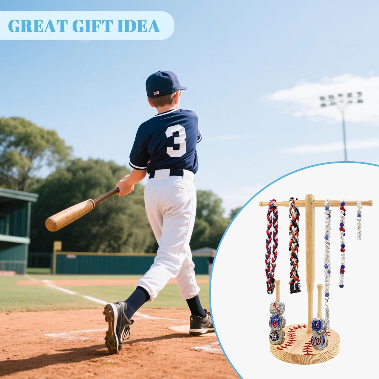 rain bunny Wooden Baseball or Softball Drip Necklace Organizer Holder, Championship Ring Display Holder, Softball Ring Holder, Drip Necklace Baseball Display Gift (Walnut Red)