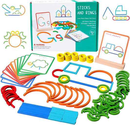120-Piece Wooden Pattern Blocks Set with Sticks and Rings - Montessori Shape Puzzles for 3-8 Year Olds, Ideal Educational Toy for Preschool and Kindergarten Kids