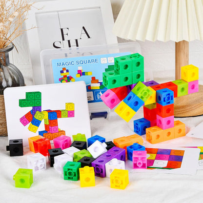 Montessori Math Linking Cubes Set, Plastic Magic Square Blocks with Pattern Cards