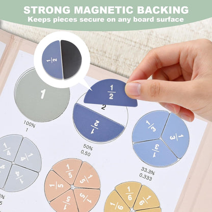 Magnetic Fraction Playbook - 102 Pcs Fraction Manipulatives with Low-Stimulation Colors & Built-in Systemic Exercises, Visual Math Learning Toy K-3, Includes Dry Erase Quiz Card, Marker & Bag
