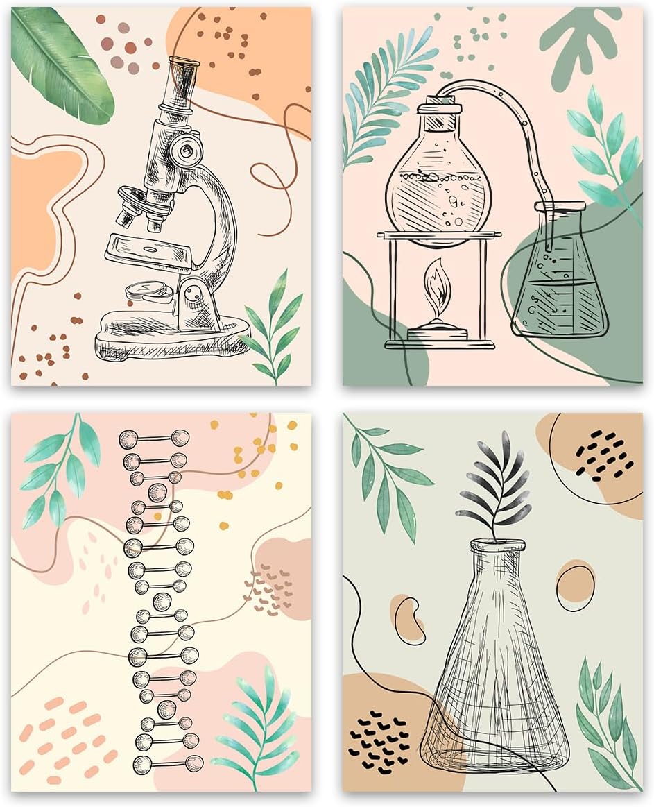 ZHAXFA Science Wall Art Canvas Prints,Biochemical Science Art poster,Microbiology Chemistry Wall Prints,Boho Classroom Wall Art,School Laboratory Decoration Set of 4 (Unframed 8x10 inches)