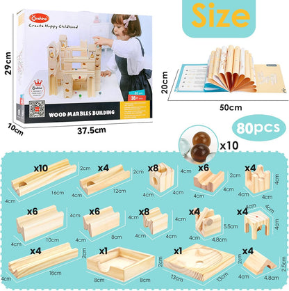 Wooden Marble Run for Kids Ages 4-8, 80 Pieces Wood Building Blocks Toys and Construction Play Set, Marble Track Maze Game STEM Learning Toys Gifts for Boys Girls (80pc Set)