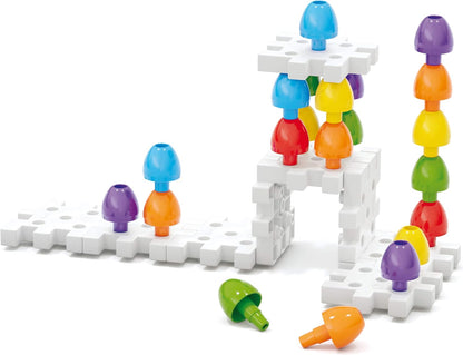 Quercetti Jumbo Peggy Stacking and Button Art Toy - Medium Set includes Illustrated Pattern Cards, 9 Linking Peg Boards and 36 Multi-Color Pegs, for toddlers and kids ages 2-4 years
