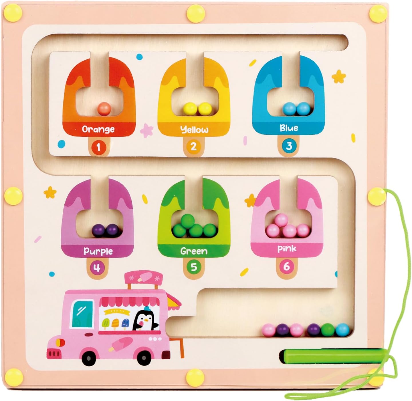 QimuMku Montessori Busy Board for Toddlers 2-4 - Magnetic Color and Number Maze Wooden Ice Cream Matching Game 1-6 Counting Learning Toys for Boys Girls Road Trip Essentials