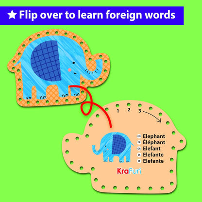 KRAFUN My First Lacing Cards Kit for Toddlers & Kids Age 3+, 10 Safari Animal Arts & Crafts Projects, Fine Motor Skills Toys with Lion Monkey Elephant Tiger Giraffe Hippo Zebra Bear