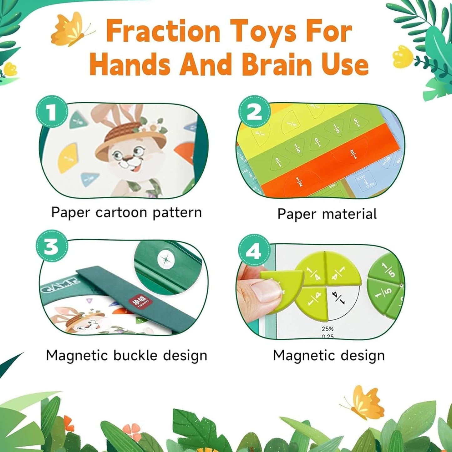 Magnetic Fraction Playbook & Fraction Manipulatives Set, Montessori Magnetic Fraction Book for Kids Grades K-3, Math Manipulatives with Fraction Tiles and Circles, Educational Fraction Games & Puzzle