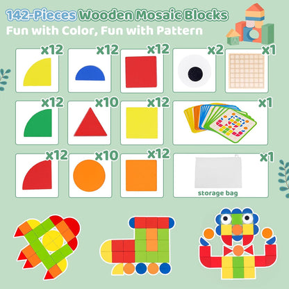 Wooden Pattern Blocks 142PCS Montessori Mosaic Puzzle Geometric Shapes Tangrams for Kids with Storage Bag, Following Cards, and Grid Board, Gifts for Boys Girls Ages 3+