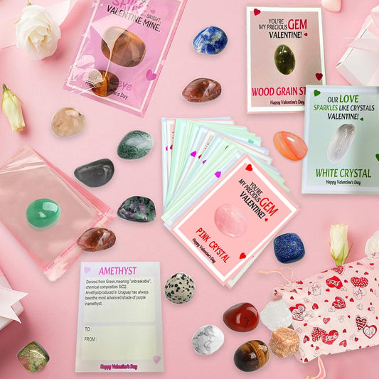 Valentines Day Cards for Kids School - 28 Pack Valentines Day Cards Gemstone Crystals Rocks Minerals Bulk for Boys Girls Exchange Gifts Class Classroom Party Favors
