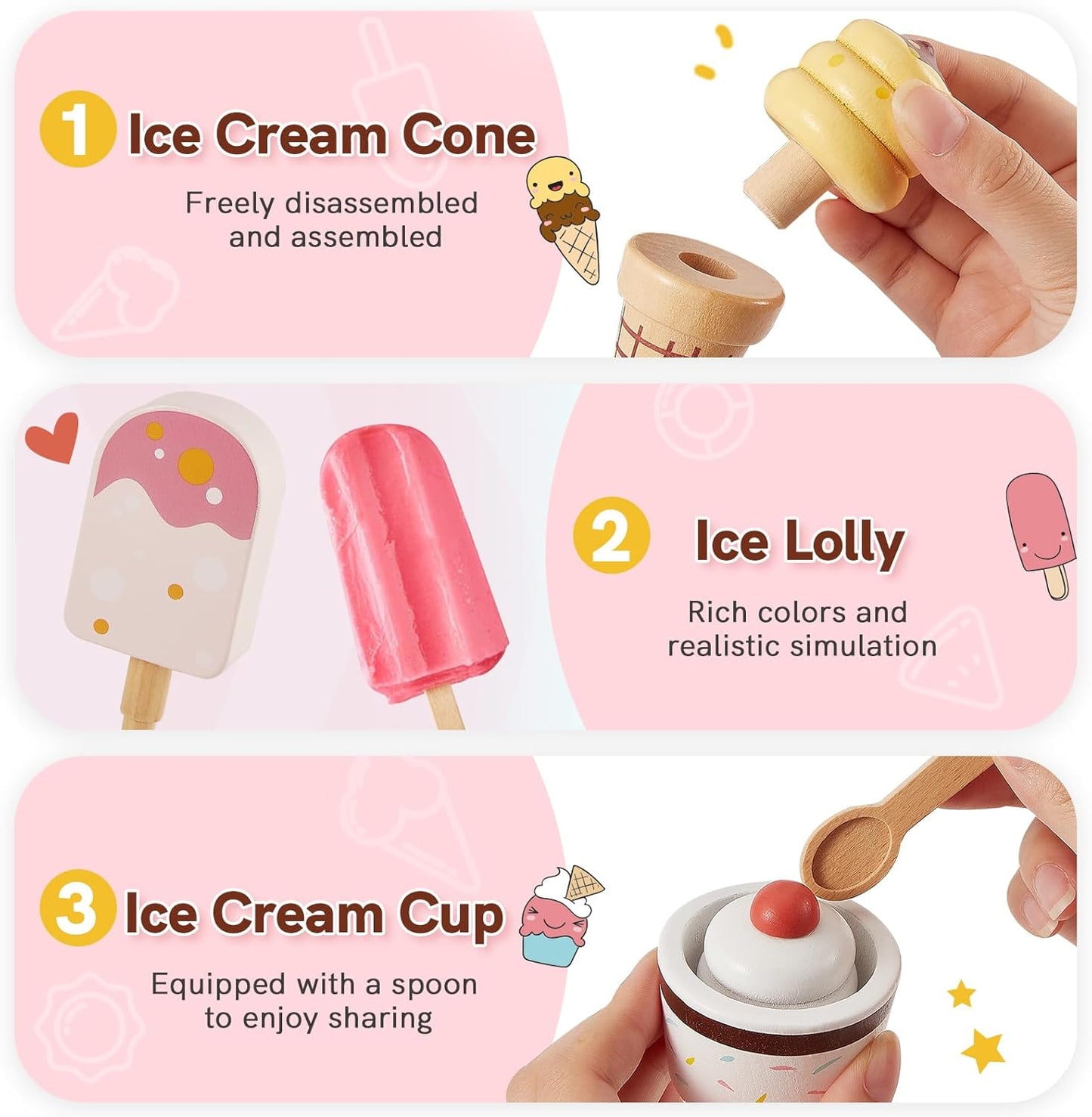 HERSITY Wooden Ice Cream Counter Pretend Play Food for Toddlers 3-5, Ice Cream Shop Stand Popsicle Toy Set Gifts for 3+ 4 5 6 Year Old Girls Boys, Pink