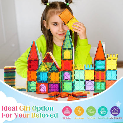 OugerToy 32-Pack Magnetic Tiles–Rainbow Builder Set, 2.95in STEM Construction Kit with Transparent Windows, Expand Creative Play for Kids