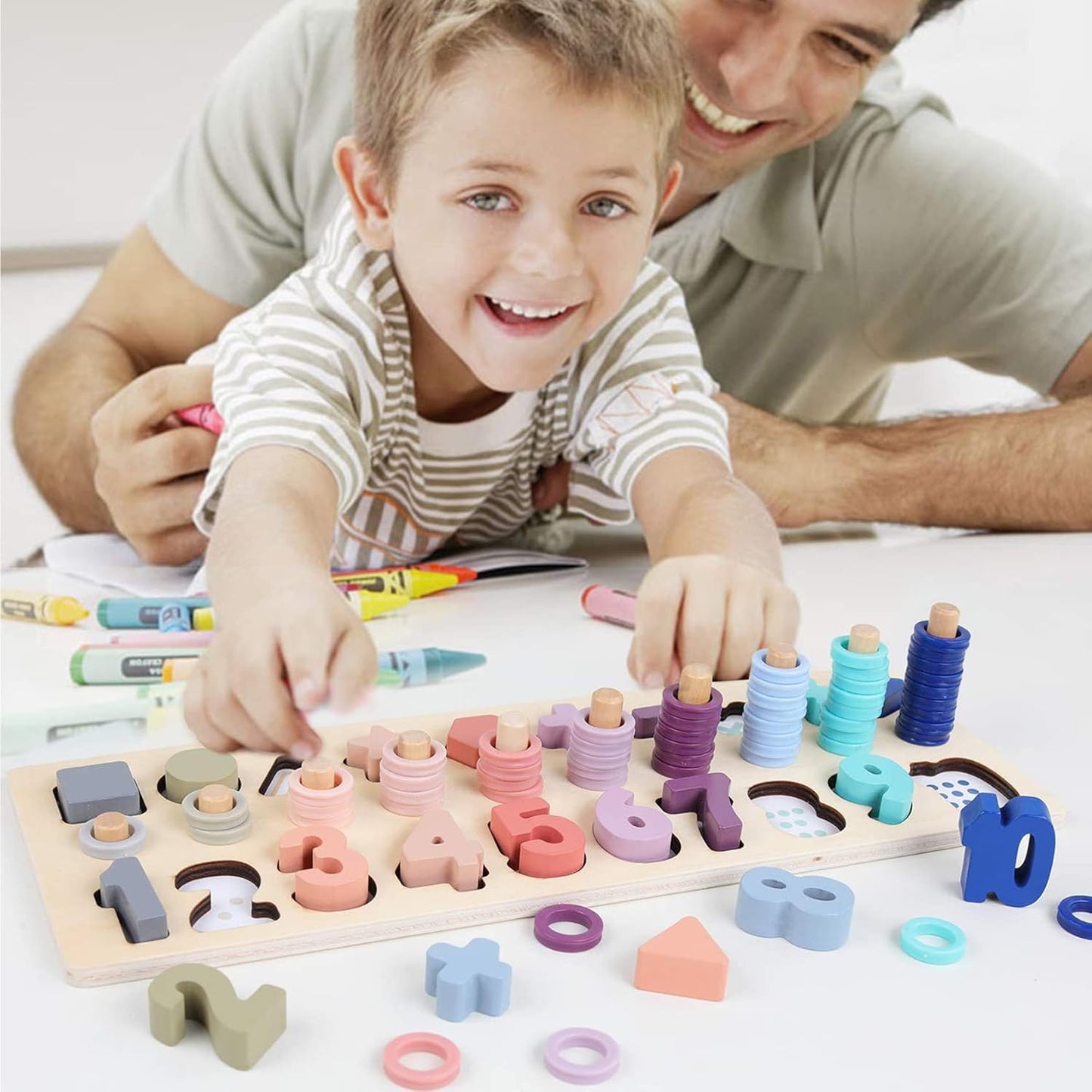 QZMTOY Counting Shape Stacker Wooden Count Sort Stacking Tower with Wood Colorful Number Shape Math Blocks for Kids Preschool Educational Toddlers Toy