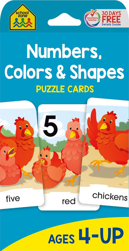 School Zone Numbers, Colors & Shapes Puzzle Cards: 56 Flash Cards, Pre-K, Preschool, Kindergarten, 18 Full-Color Puzzles, Animal Pictures, Animal Names, Counting, Early Math, Short Sentences, Ages 4+