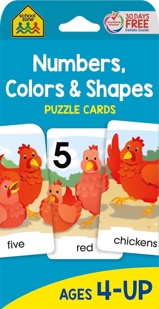 School Zone Numbers, Colors & Shapes Puzzle Cards: 56 Flash Cards, Pre-K, Preschool, Kindergarten, 18 Full-Color Puzzles, Animal Pictures, Animal Names, Counting, Early Math, Short Sentences, Ages 4+