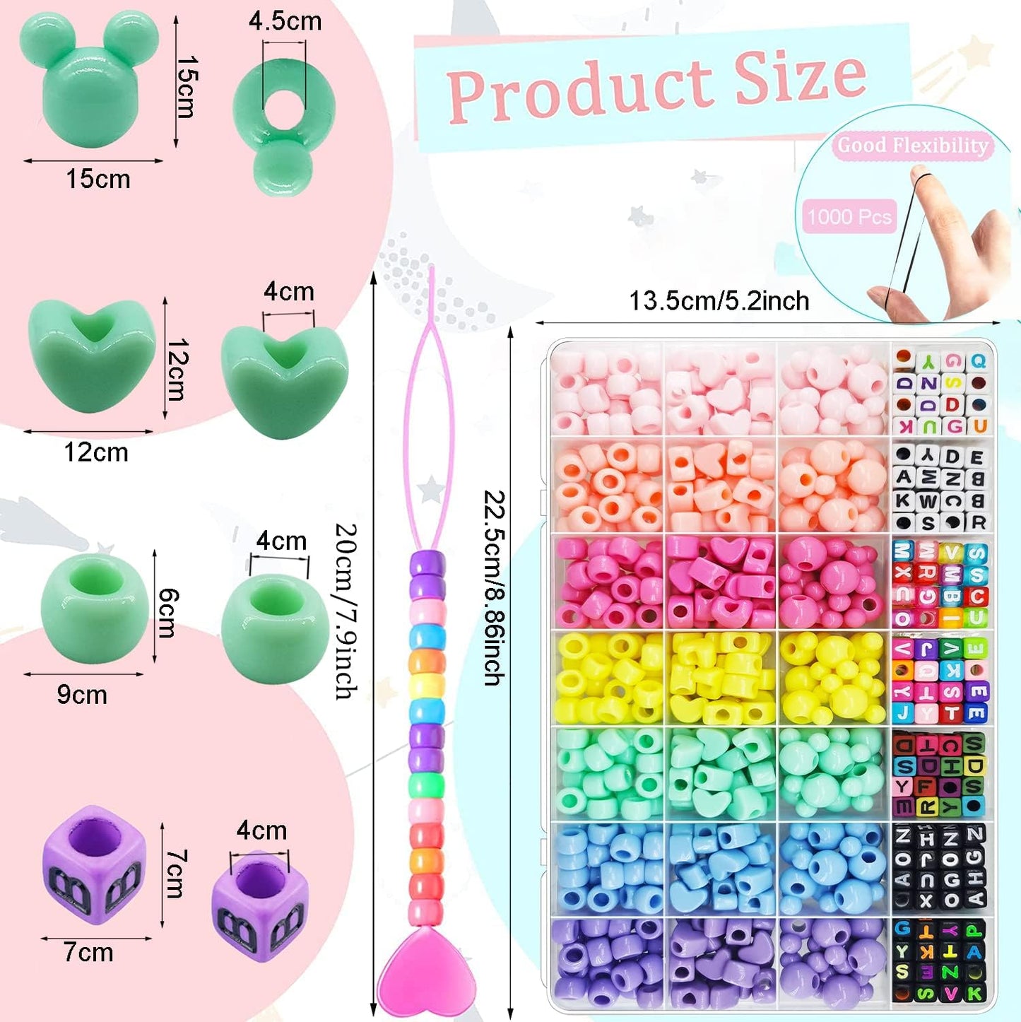 JJzxwish 1605 Pcs Hair Beads for Braids with Elastic Rubber Band Threaders Kit, Candy Color Acrylic Mickey Heart Star Alphabet Beads Pastel Pony Bead Kandi Bead for Bracelet Jewelry Making DIY Craft