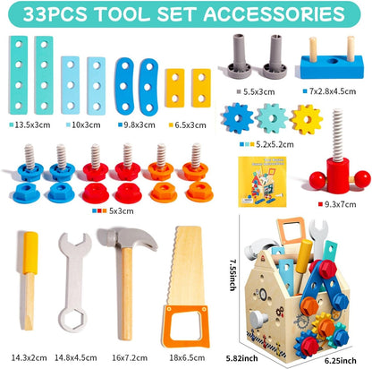 GAIETYDIY Toddler Tool Set - 33 PCS Wooden Kids Tools with Box/Bench/Tool House, Montessori Educational Pretend Play Preschool Toys Gifts for 3 Year Old Boy Girl Kids, STEM Fine Motor Skills Tool Set