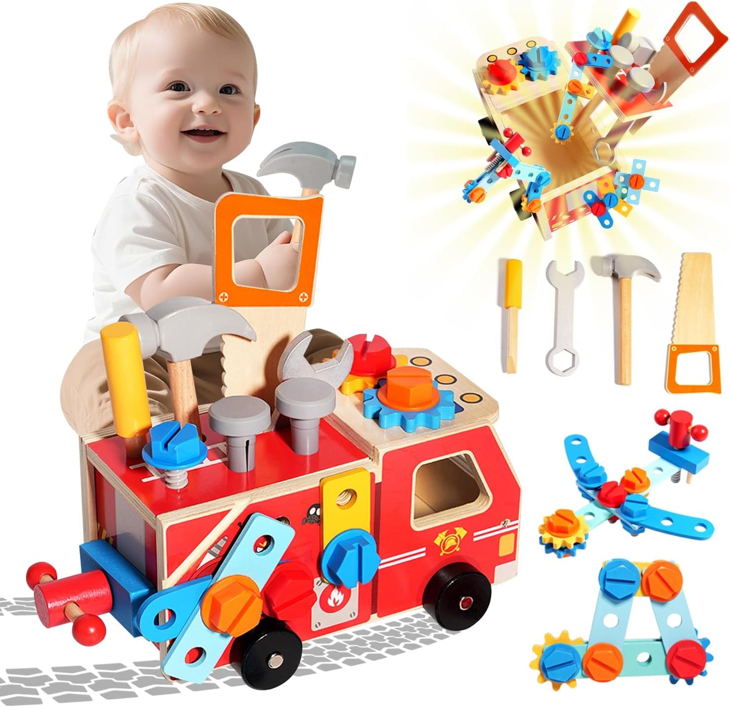 GAIETYDIY Toddler Tool Set - 33 PCS Wooden Kids Tools with Box/Bench/Tool House, Montessori Educational Pretend Play Preschool Toys Gifts for 3 Year Old Boy Girl Kids, STEM Fine Motor Skills Tool Set