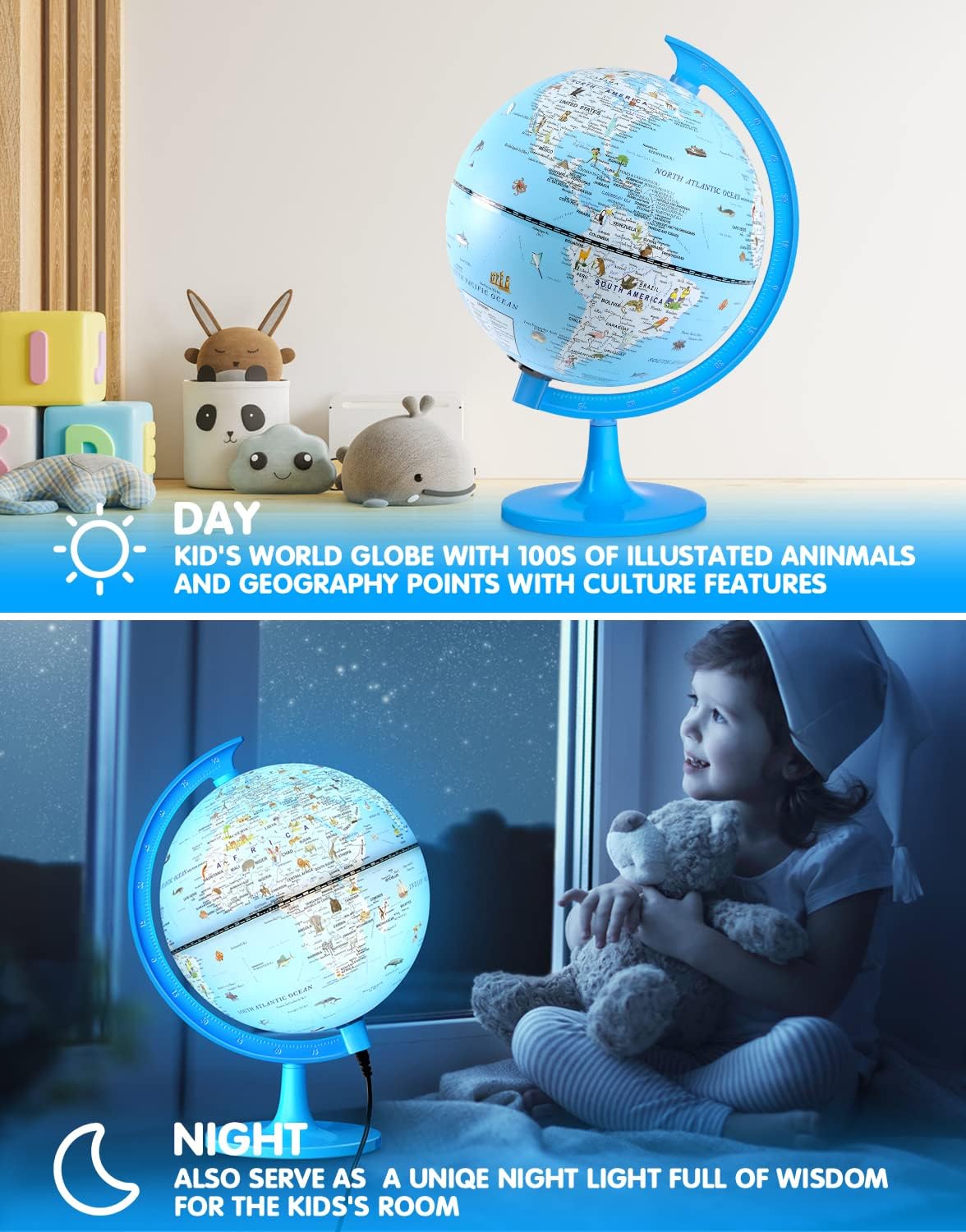 Globe for Kids Illuminated Globes of the World with Stand & Animals Illustrations Earth World Globe Night Light for Kids' Room Decor Classroom Educational Tool Birthday Gift, Dia 8-inch