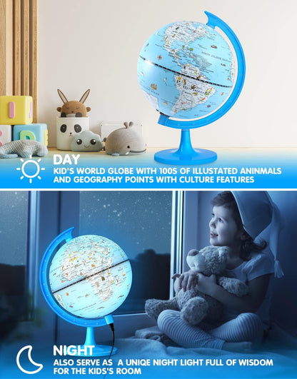 Globe for Kids Illuminated Globes of the World with Stand & Animals Illustrations Earth World Globe Night Light for Kids' Room Decor Classroom Educational Tool Birthday Gift, Dia 8-inch