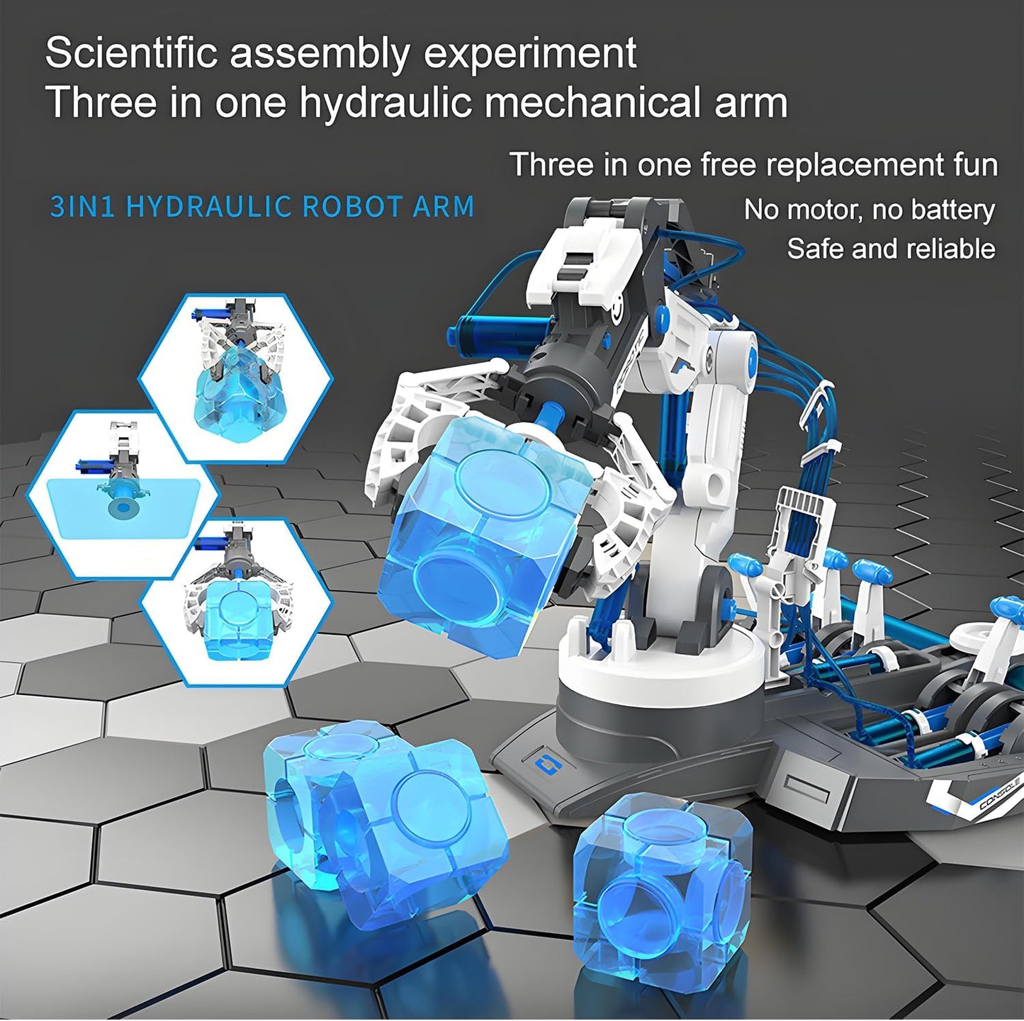 Hydraulic Robot Arm Kit STEM Building Projects Toy Science Kits 3 in 1 Children Hydraulic Mechanical Arm Toy Scientific Experiment for Kids Over 8 Years[Blue]